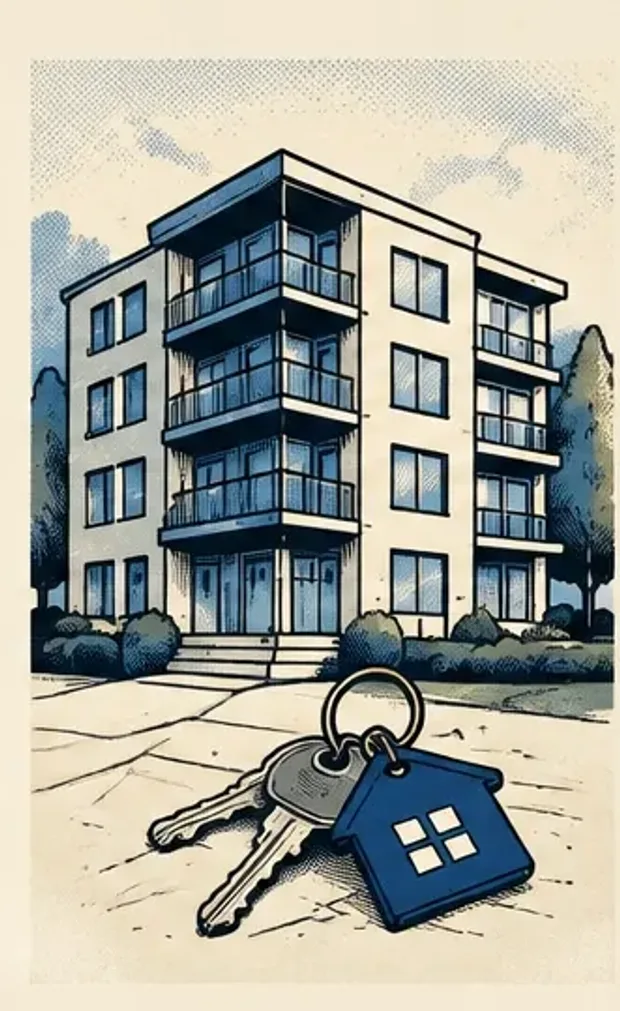 Blue Noir illustration of a rental property and keys