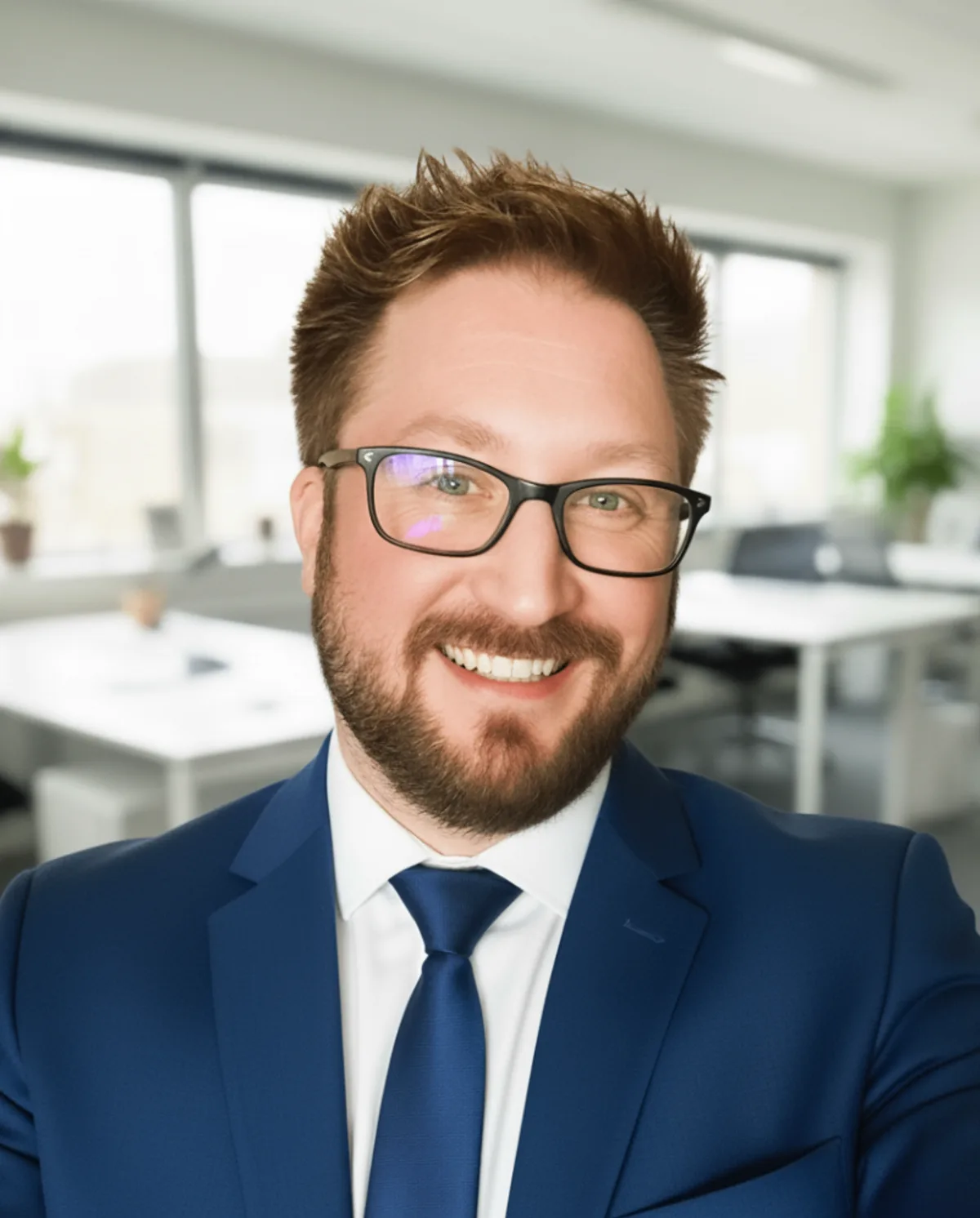 Steve Beecroft in a blue suit and tie, smiling in an office